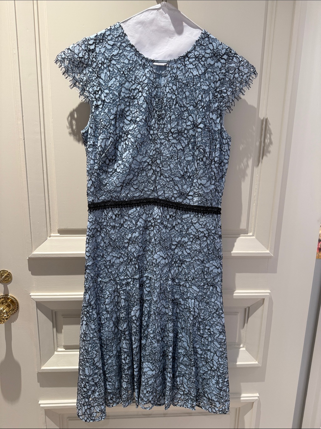 Shoshanna Light Blue Lace Midi Dress With Black Waist Trim